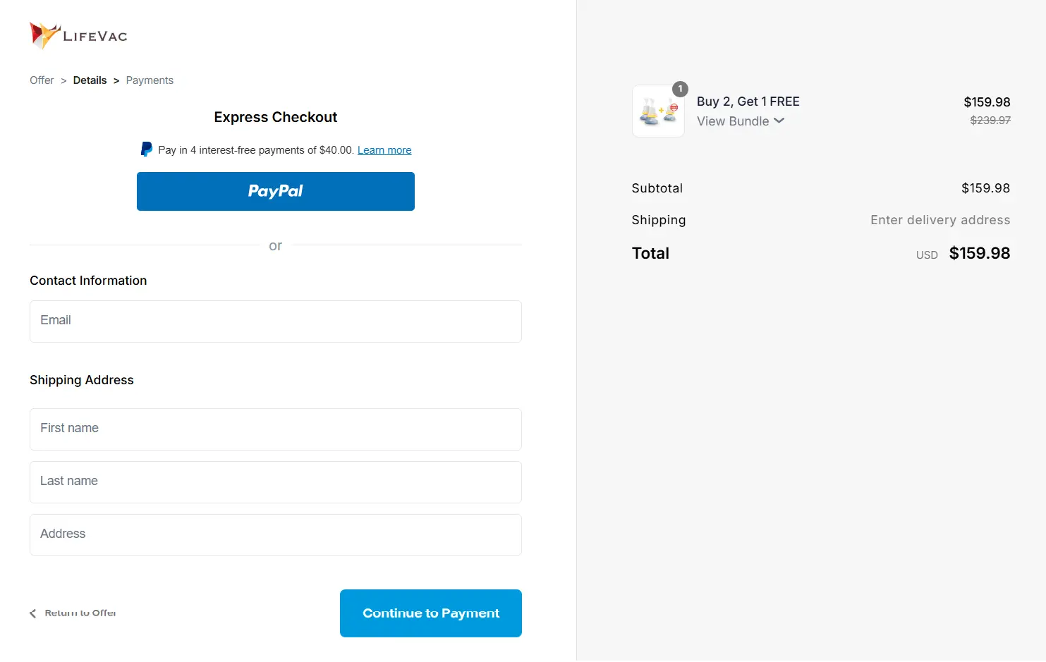 LifeVac checkout page
